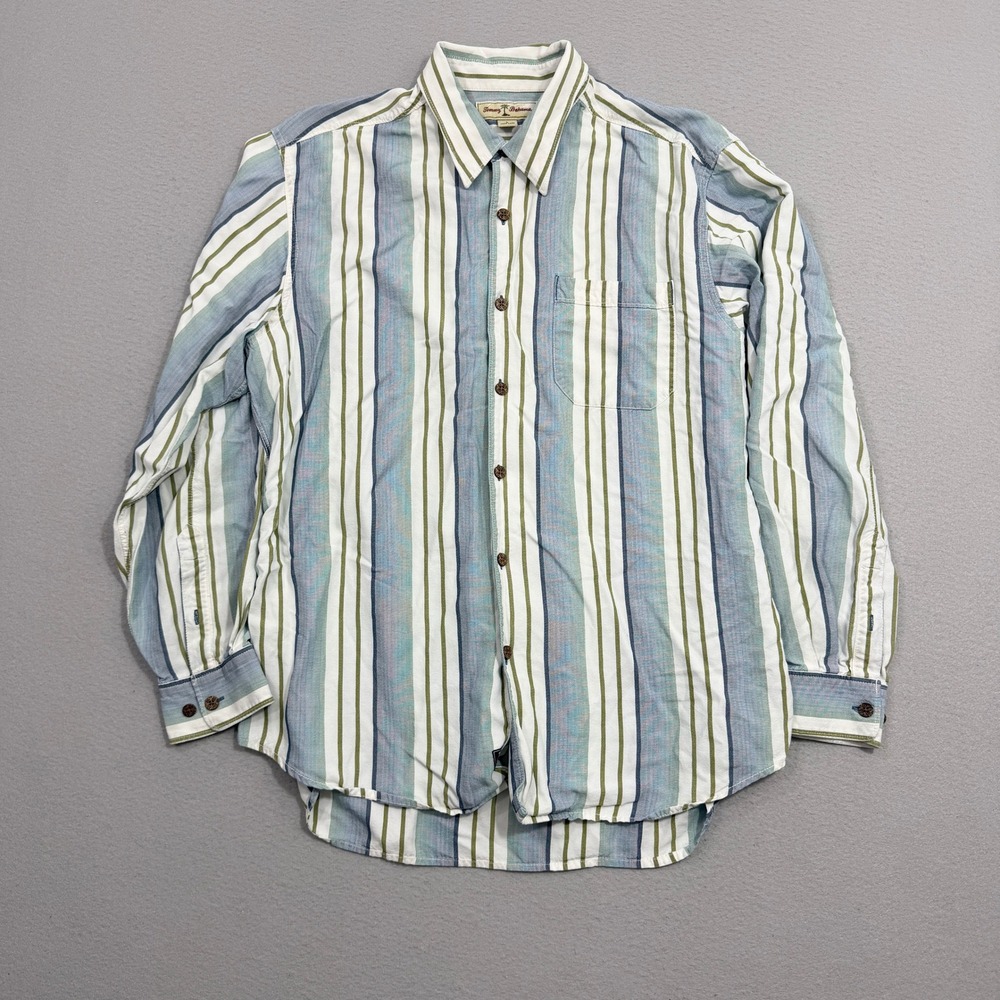 Tommy Bahama Button Up Large Green Blue Stripe Long Sleeve Tencel Casual Shirt